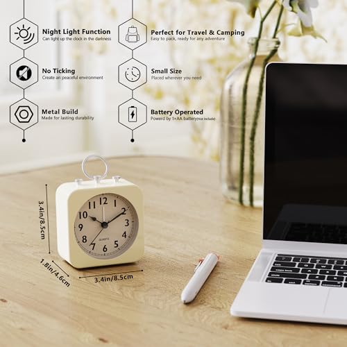 Image of AYRELY Small Metal Alarm Clock, Desk and Table Clock for Travel | Battery Operated Retro Silent Clock with Light for Bedroom, Bedside, Shelf and Living Room Decor (White)