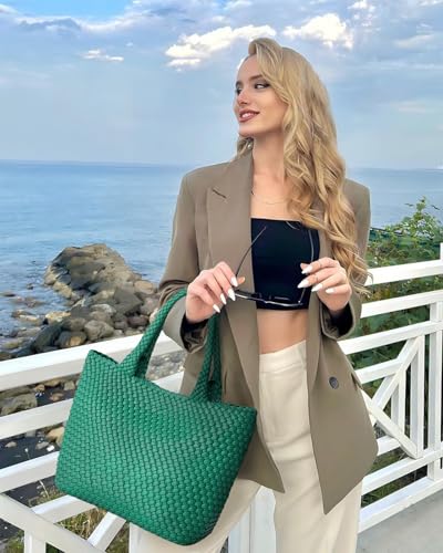 Image of Woven Tote Bag for Women, Fashion Woven Bags for Women Vegan Leather Shoulder Handbags Large Summer Beach Travel Bag