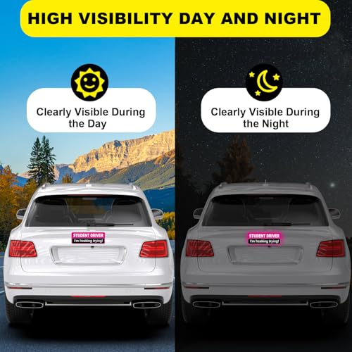 Image of NIMONA Student Driver Magnet for Car - Funny 2 Pack Please Be Patient Removable Magnetic Bumper Sticker Set - Reflective New Driver Safety Sign - Weather-Resistant - 10 x 4 inch (Pink)