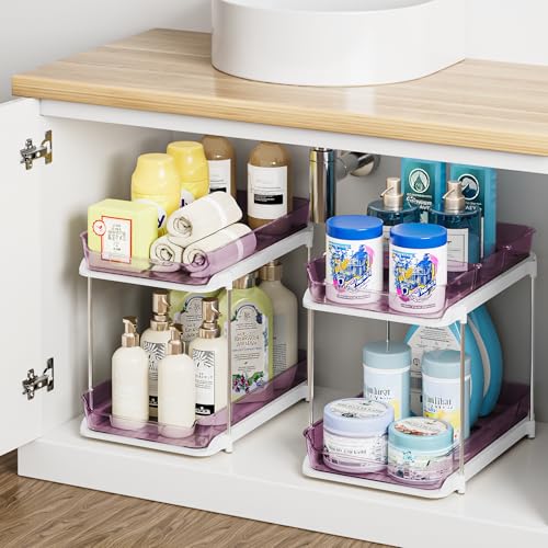 Image of Delamu 2-Tier Multi-Purpose Bathroom Under Sink Organizers and Storage, Stackable Kitchen Pantry Organization, Pull Out Medicine Cabinet Organizer with Movable Dividers, Purple, 2 Pack