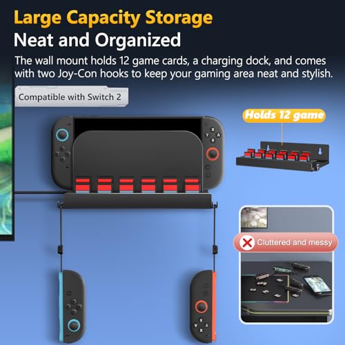 ivoler Soporte de Pared Compatible con Nintendo Switch 2 (2025), Soporte Metálica con 12 ranuras para Cartuchos y 2 ganchos para Joy-Con, Accesorios para Consolas de Juegos - imagen 2
