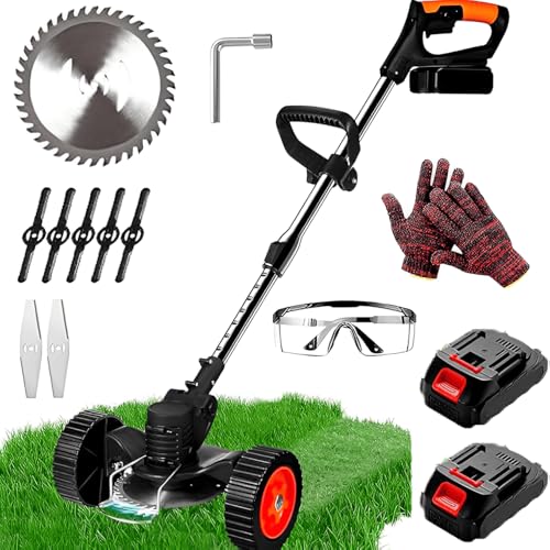 Desbrozadora con ruedas eléctrica a batería de 48 V, cortabordes inalámbrica con 2 baterías recargables de alta capacidad, cuchillas intercambiables de acero y plástico, mango telescópico ajustable