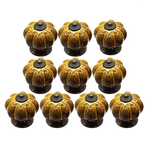 AUGUT 10 Pack Ceramic Cabinet Knobs 40mm Pumpkin Kitchen Cabinet Drawer Furniture Door Handle Pull (Yellow)
