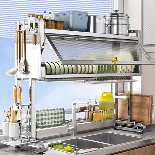 Escurreplatos de acero inoxidable para fregadero de cocina de 26 pulgadas, ahorro de espacio, soporte de secado de platos para platos y usos y elegante