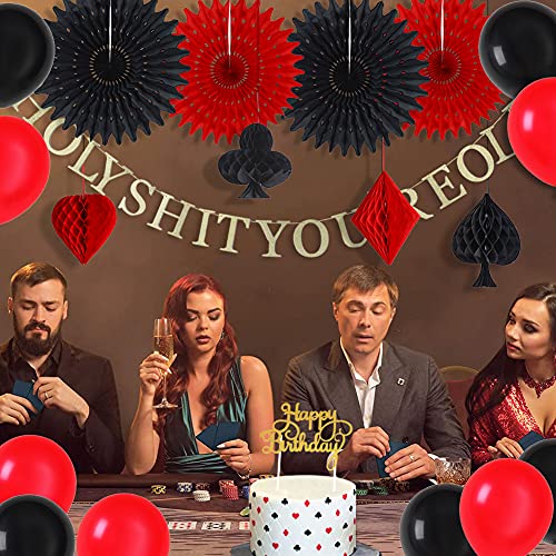 Easy Joy Las Vegas Casino Themed Birthday Party Decoration Poker Party Happy Birthday Cake Topper Glitter Gold Holy Shit You're Old Banner And Latex Balloons, Black Red #TOP2