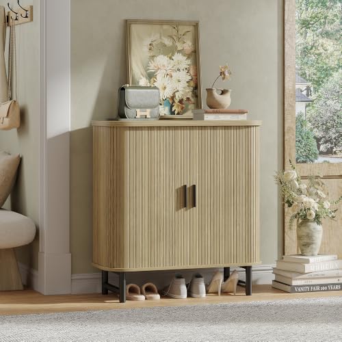 Maupvit Shoe Storage Cabinet with Smooth Fluted Sliding Doors, 4-Tier Shoe Cabinet Storage for Entryway, Narrow Hidden Shoe Rack for Front Door Entrance, Metal Handles and Legs, Natural