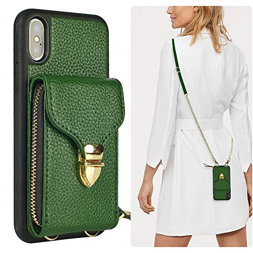 JLFCH iPhone Xs Wallet Case, iPhone Xs Crossbody Case with Card Slot Holder Zipper Closure Buckle iPhone X Leather Purse Handbag Wrist Strap Cover for Apple iPhone Xs/X 5.8 inch - Dark Green
