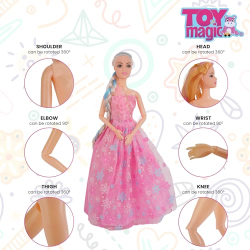 ToyMagic Dolls Princess Suit | Gorgeous Pink Gown, Multicolor Braided Hair & Butterfly Clip | Fully Movable Body for Creative Play | for Kids Age 3+ | Imagination-Boosting Royal Roleplay Toy - Image 3 thumbnail