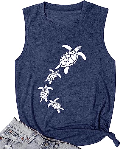 Sea Turtle Tank Top for Women Beach Turtle Pattern Funny Animal Print Sleeveless Shirt Hawaiian Casual Vacation Top, Tank Blue2, L -  Flamorous, LSY23071703-L