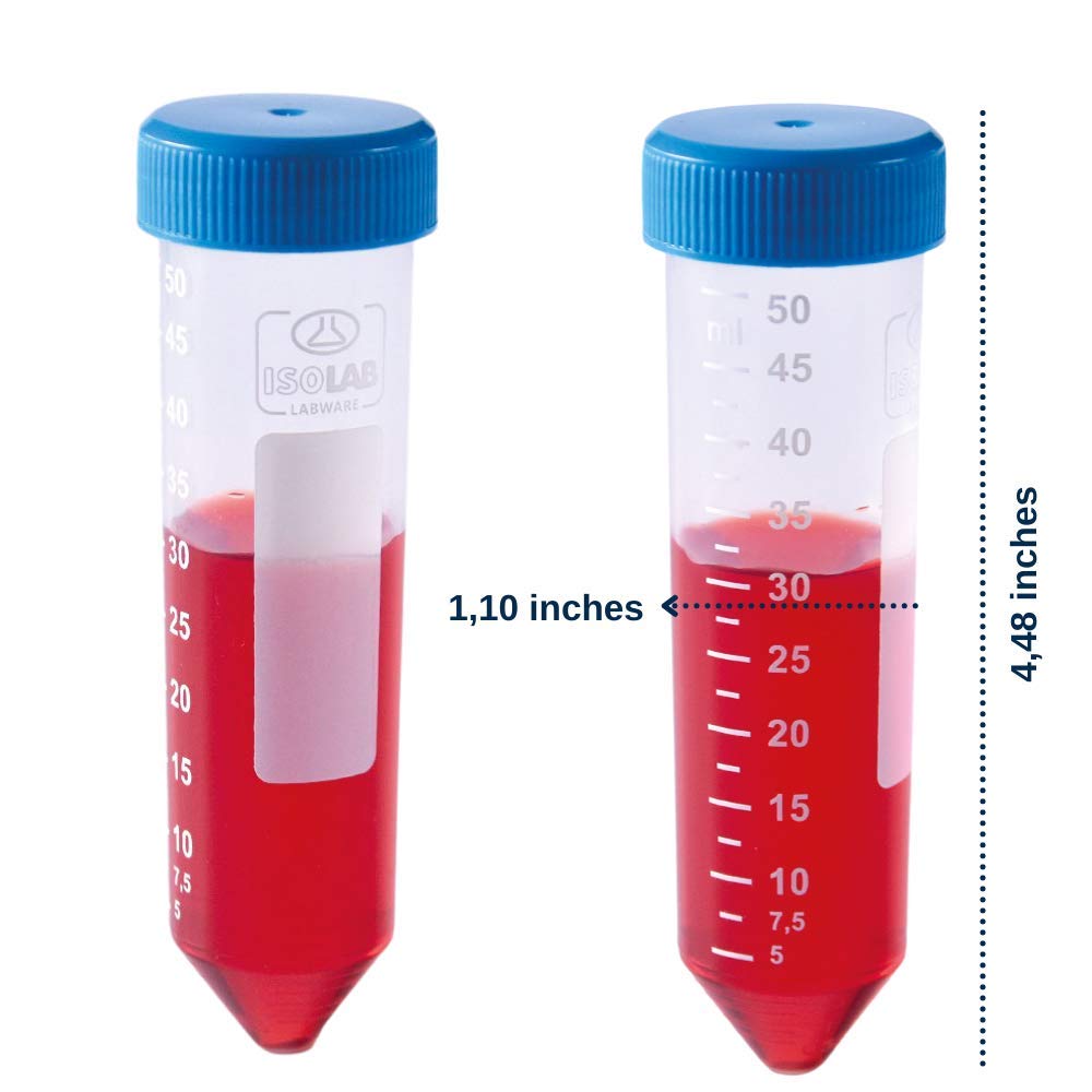 ISOLAB - Tubes à centrifuger en plastique, 50 ml, fond conique - Bouchons à vis bleus, repères gradués, paquet de 50 pièces