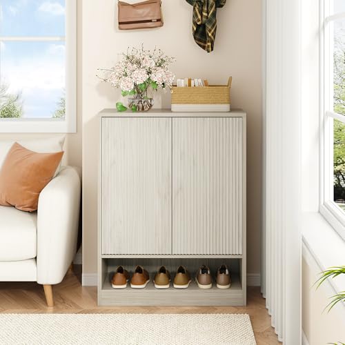 Image of Fluted Shoe Cabinet with Doors, 2 Pieces 41 inch Tall Entryway Shoe Organizer Cabinet with Adjustable Shelves, 5-Tier Modern Wood Free Standing Shoe Rack for Hallway, Living Room, Closet, Grey