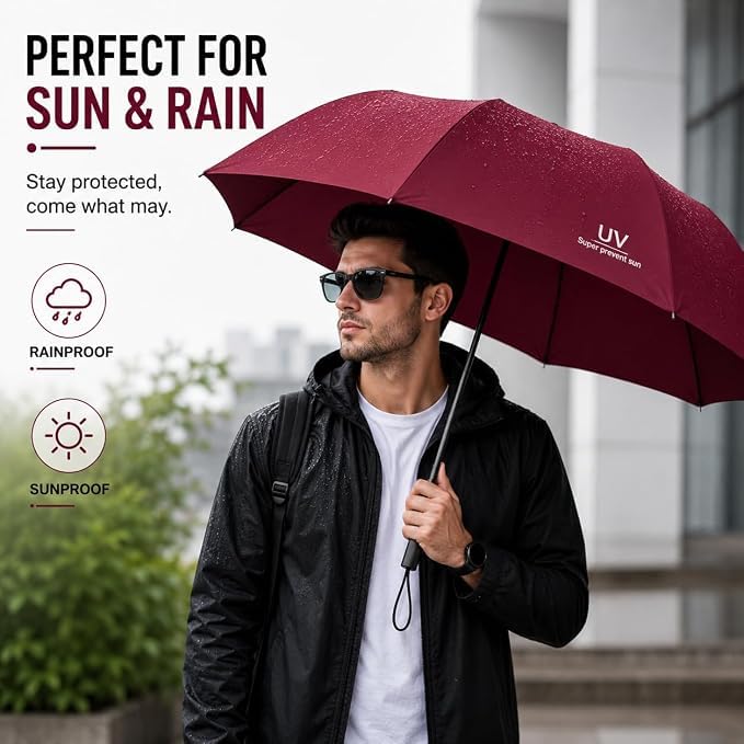 Image of Auto Open Umbrella with Carabiner Hook Handle - 3 Fold Compact Travel Umbrella for Men & Women | Double Fibreglass Wind Resistant Frame | UV Coated Sun & Rain Protection