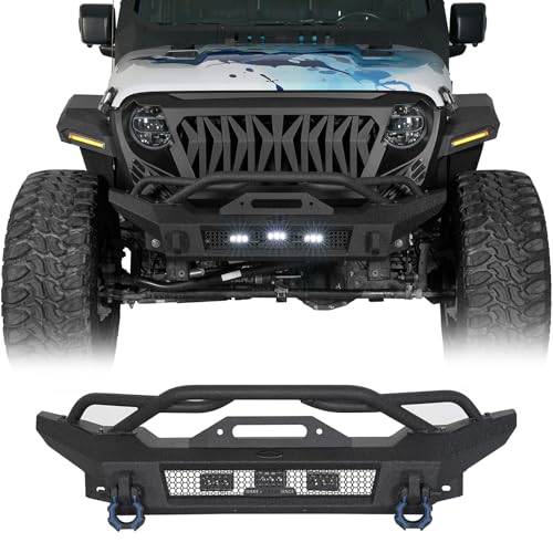 Hooke Road JL Stubby Front Bumper for 2018-2026 Jeep Wrangler JL & Gladiator JT Steel Bumper with Winch Plate Bull Bar LED Lights and D-rings