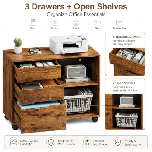 Image of Simple Deluxe 3 Drawer Rolling File Cabinet, Wood Printer Stand with Adjustable Shelf for Home Office Study Organizatiom, Brown