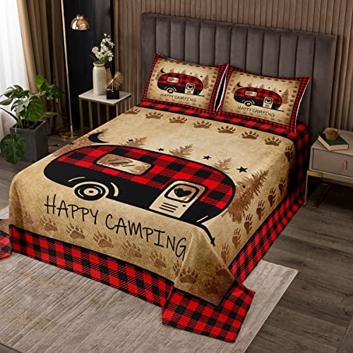 Erosebridal Happy Camping Queen Quilt Set Vintage Farmhouse Coverlet Set, Grid Camper Car Bedding for Kids Toddler Boys Girls Rustic Lodge Cabin Bedspread Set, Brown Grunge Bed Quilt 3 Pieces