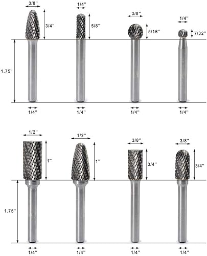 Miniatura 6 de Carbide Burr Set with 1/4''(6.35mm) Shank 8pcs Double Cut Solid Carbide Rotary Burr Set for Die Grinder Drill, Metal Wood Carving,