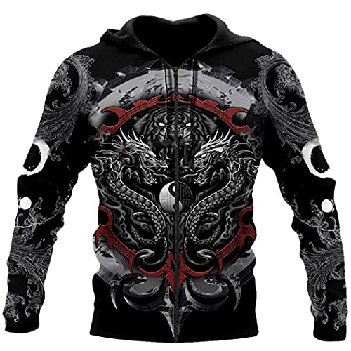 Sweat harajuku unisexe dragon tigre fini les pulls fades avec cette veste zippée 3D
