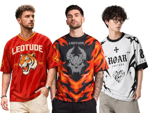 Image of LEOTUDE Men's Tiger Graphic Printed Oversized T-Shirt | Bold Red Sports Jersey Style Tee | V-Neck Half Sleeve Casual Streetwear for Men's (Color:Red)