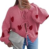 Pink Queen Heart Printed Sweater Cardigan for Women Bow Long Sleeve Chunky Knit Coats Rose Red L