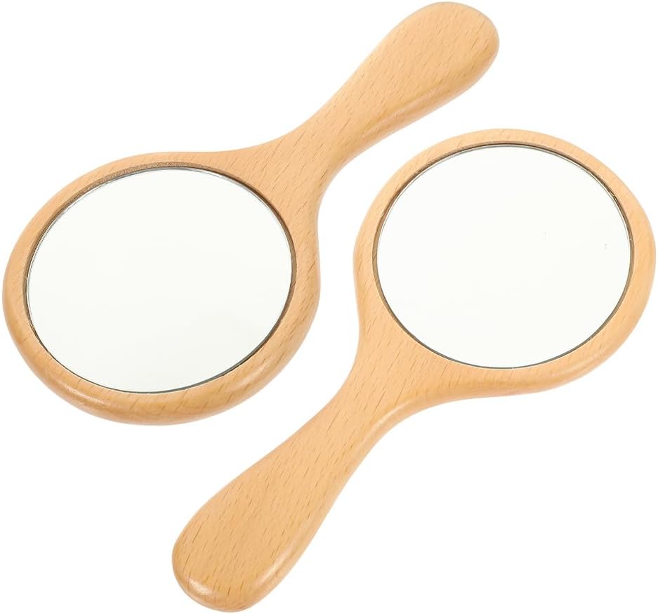 2pcs Wood Handheld Makeup Mirror: Portable and Compact Vanity Mirror for Travel and Daily Use - Nonslip Wood Handle Makeup Tool for Touch-Ups