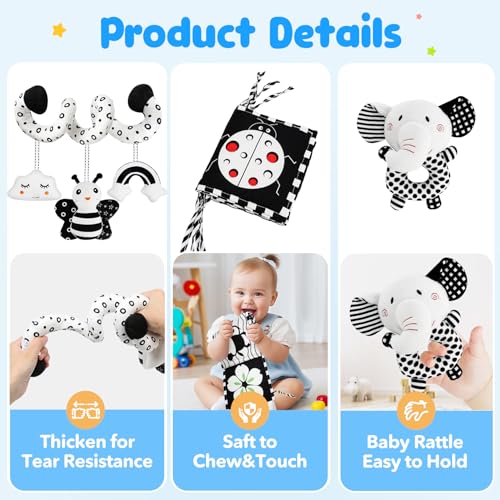 Baby Shower Gifts,Black and White High Contrast for 0-6 Months Newborn,Car Seat Toys &Baby Hanging Rattle Toys Soft Cloth Book for Crib Mobile Brain Development Infant Toys Baby Boys Girls