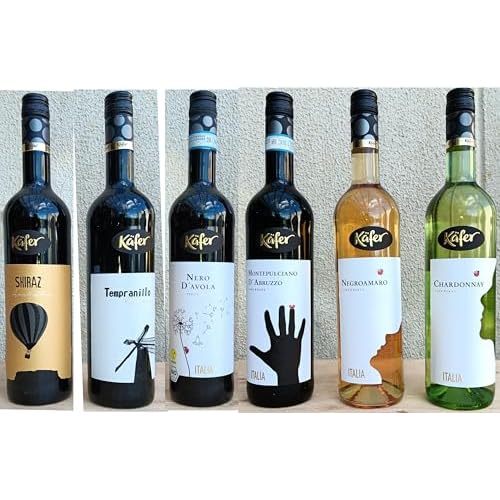 6er Feinkost Käfer Wein Paket Mix je 0,75 l (Shiraz + Tempranillo + Nero D'Avola + Montepulciano D'Abruzzo + Negroamaro + Chardonnay)