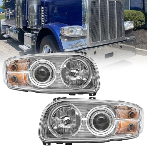 Sunhua Pair of Headlights Fit for 2008-2018 Peterbilt 388-389, Halogen Headlights Headlamps Chrome House (Left & Right Side)