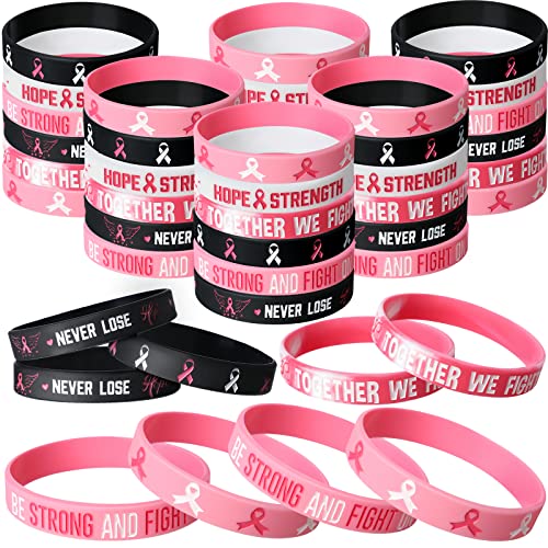 Aoriher 48 Pcs Breast Cancer Awareness Wristbands Bulk Pink Ribbon Breast Cancer Awareness Silicone Bracelets Hope Faith Strength Courage Rubber Wristbands for Women Gifts Party Favors