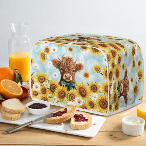 Image of Talayituse Highland Cattle Sunflower Daisy Print Toaster Cover 2 Slice Wide Slot, Lightweight Bread Maker Cover Dust Protection Washable Appliance Bag, S
