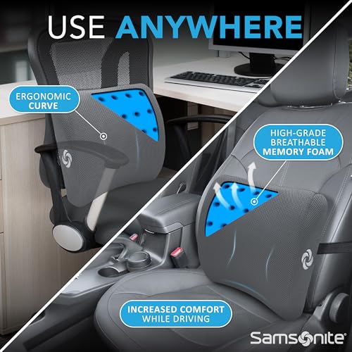 Image of Samsonite Memory Foam Lumbar Support Pillow for Office Chair, Gaming Chair, or Car-Ergonomic Back Cushion-Home Essentials for Sitting Comfort and Posture Relief Back Support with Cooling Gel, Grey