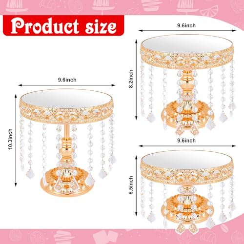 3 PCS Round Cake Stand with Crystal Bling Pendants European Style Lace Cake Plate Golden Premium Display Stand with Crystal Bling Pendants Dessert Showcase Set for Birthday Parties,Wedding,Banquet - Image 4