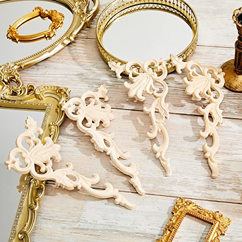 Image of Yulejo 4 Pcs Wood Appliques and Onlays for Furniture, Unfinished Wooden Appliques Corner Trim, Decorative Wood Carved Applique DIY Paintable Decorative Molding for Cabinet Door Mirror Bed Wardrobe