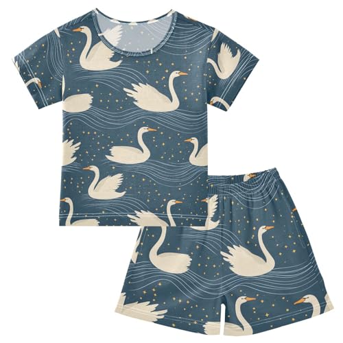 ALAZA Swan Starry Night Blue Pajamas Set Short Sleeve Cotton Sleepwear Summer Pjs 2 Piece 5-14Y