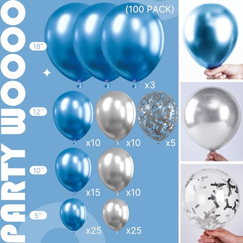 Image of PartyWoo Blue and Silver Balloons, 100 pcs Metallic Blue and Metallic Silver Balloons Different Sizes Pack of 18 Inch 12 Inch 10 Inch 5 Inch for Balloon Garland or Balloon Arch as Party Decorations