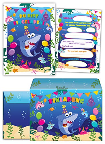 12 cartes d'invitation pour anniversaire d'enfant fille garçon requin avec 12 enveloppes, 12 sachets, 12 autocollants - Image 3