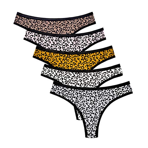 Knitlord 5 Pack Women's Thongs Underwear Cotton Breathable Panties Hipster Bikini (Leopard Print, M) #TOP22