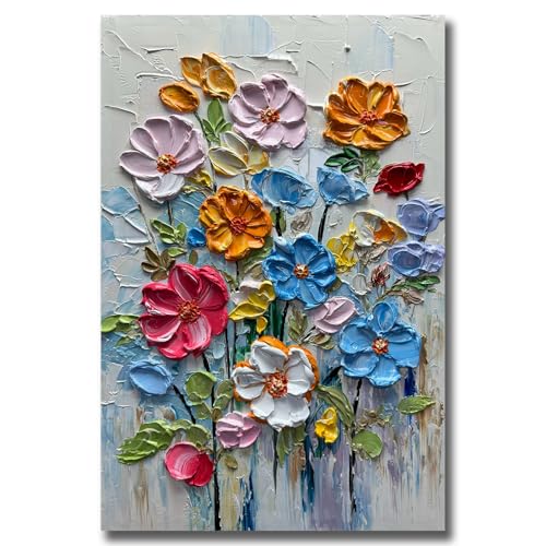 V-inspire Art,24 x 36 Inches Modern 100% Hand-Painted Abstract Colorful 3D Floral Oil Painting on Canvas Full Bouquets Murals Home Wall Decor