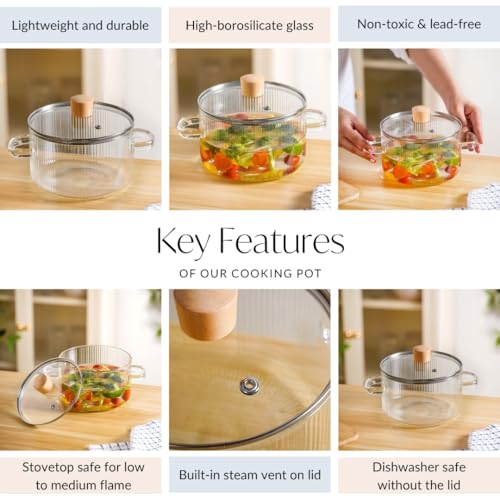 Image of Nestasia Borosilicate Glass Cooking Pot on Gas Stove (1800 ml) - Fluted Casserole with Air Vent Glass Lid | Microwave & Dishwasher Safe Durable Handi for Kitchen