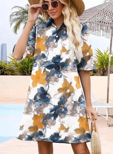 Image of Womens Summer Shirt Dress 2026 Casual Ruffle Short Sleeve Button Down Flowy Swing Shift Mini Dresses with Pockets