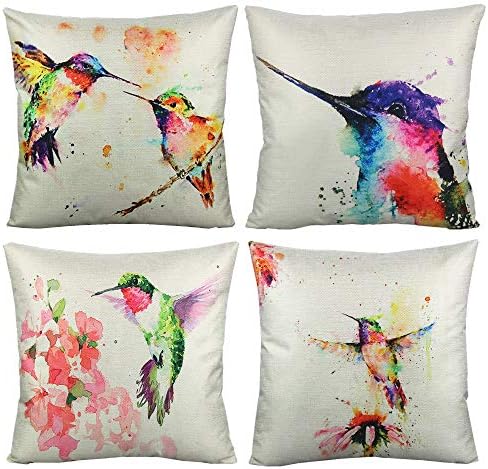 Outdoor Throw Pillow Covers 18x18 Set of 4 Hummingbirds Tropical Decorative Cushion Cases Home Porch Décor Outside for Patio Furniture Couch Bed Sofa,Watercolor Birds Floral Couch Cover Summer Spring