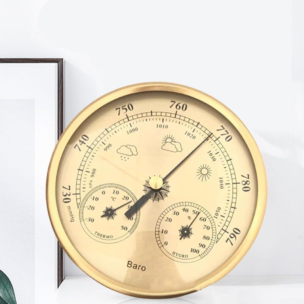 3-w-1 mechaniczna stacja pogodowa, termometr, higrometr, barometr, analogowy wyświetlacz temperatury wewnętrznej i zewnętrznej o średnicy 130 mm, nie wymaga baterii, aluminiowa konstrukcja metalowa