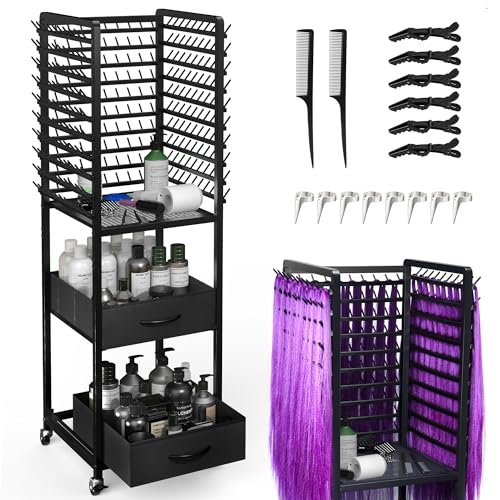 Yumkfoi 300 Pegs Braiding Rack with Large Drawers 3-Sided Hair Rack with Wheels and 16 Braiding Tools Hair Extension Holder 52 Inch Height for Hair Salon Home