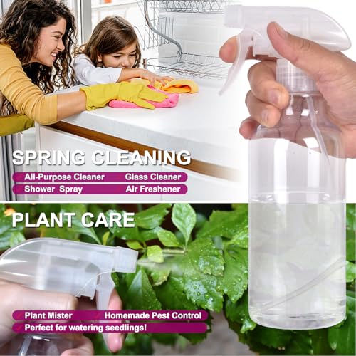 Spray Bottles - Plastic Spray Bottles for Cleaning,Empty Spray Bottle for Plants, Pet, Hair - Refillable Spray Bottle with Adjustable Mist/Stream - 16.9oz/2Pack (Clear)4