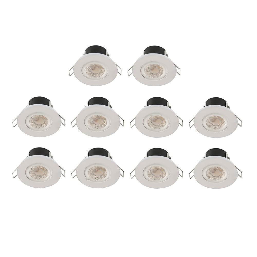 NWT Direct White LED Dimmable Spotlight Down Light IP65 Ceiling Bathroom Kitchen Waterproof 4 Bezel Finishes Fire Rated Bulb Energy Efficient A++ - Pack of 10