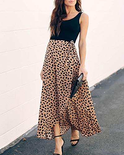 Imysty Womens Leopard Print Long Skirts Drawstring High Waisted Bohemian Maxi Skirt (X-Large, Y-Coffee) - Thumbnail 2