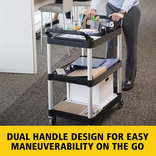 Image of Rubbermaid Commercial Products Heavy Duty 3-Shelf Rolling Service /Utility /Push Cart, 200 lbs. Capacity, Black, for Foodservice /Restaurant /Cleaning /Warehouse /Garage