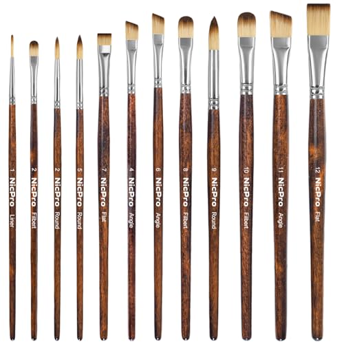 Nicpro 12PCS Artist Paint Brush Set, Craft Paint Brushes for Acrylic Painting, Oil, Watercolor, Gouache, Tempera, Face, Body, Fabric, Model, Art Supplies Paintbrushes for Artists Beginners (Wood)