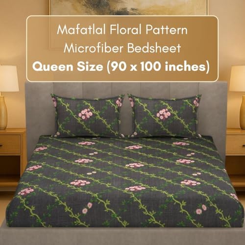 Image of Mafatlal Luxe Lilac 140 GSM Elegant Bedsheet with 2 Pillow Cover for Double Bed and Queen Size, 90x100 Inch - Black & Green, Premium Microfiber, Soft & Lightweight