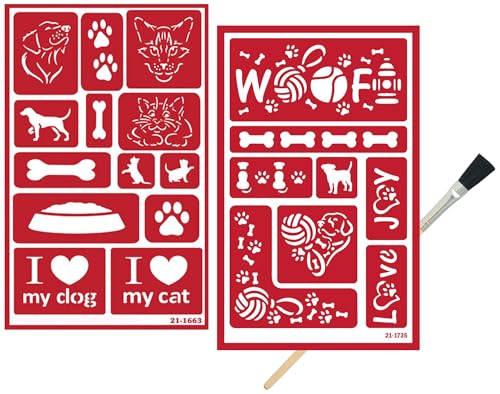 2 Glass Etching Stencils Reusable Template - Cat and Dog Stencils - Glass Etching Dogs Paw Print Etch Stencil, Puppies, Kittens Design - Self Stick Stencils Set with Brush