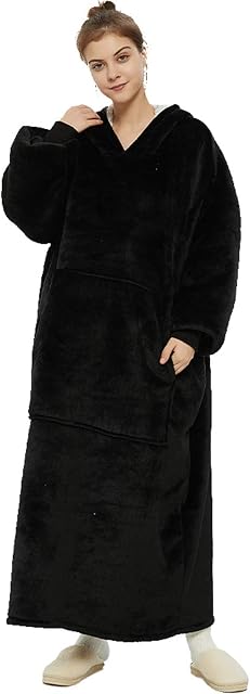 Hoodie Blanket, Long Wearable Blanket with Big Pockets Fluffy Flannel Sherpa TV Blanket Sweatshirt Winter Robe One Size Fits Men Women Adult(Black)
